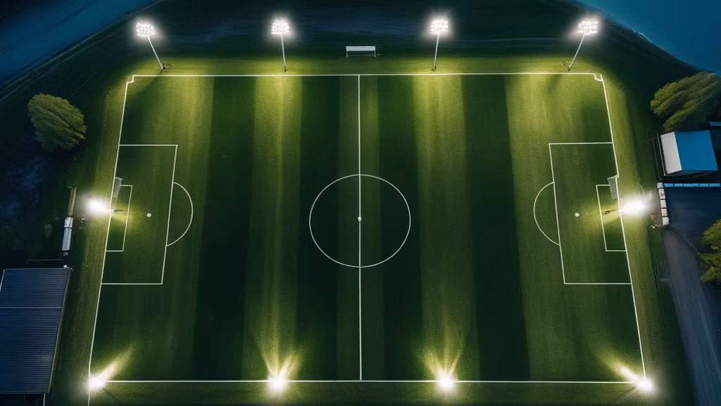 Sân cỏ nhìn từ trên cao dưới ánh đèn pha, minh họa trận đấu Häcken vs AIK tại Allsvenskan