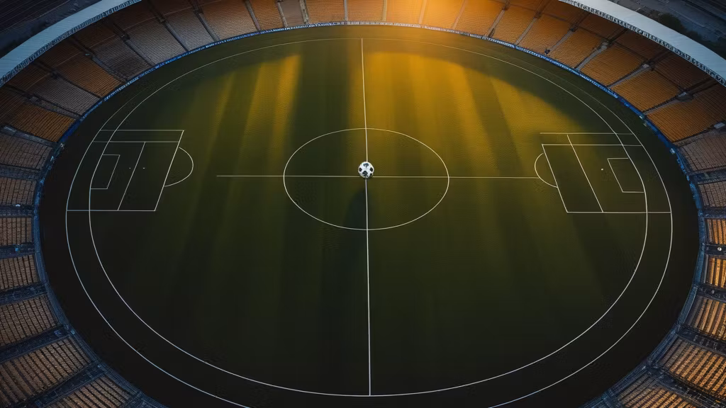 Sân bóng nhìn từ trên cao với quả bóng ở vòng tròn giữa sân - tin chuyển nhượng hè 2026